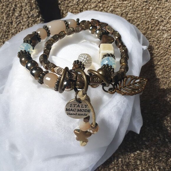 Handmade Mac Mode Italy Vintage Bronze Bead Stretch Two LayeBracelet  With Charm - Picture 1 of 6